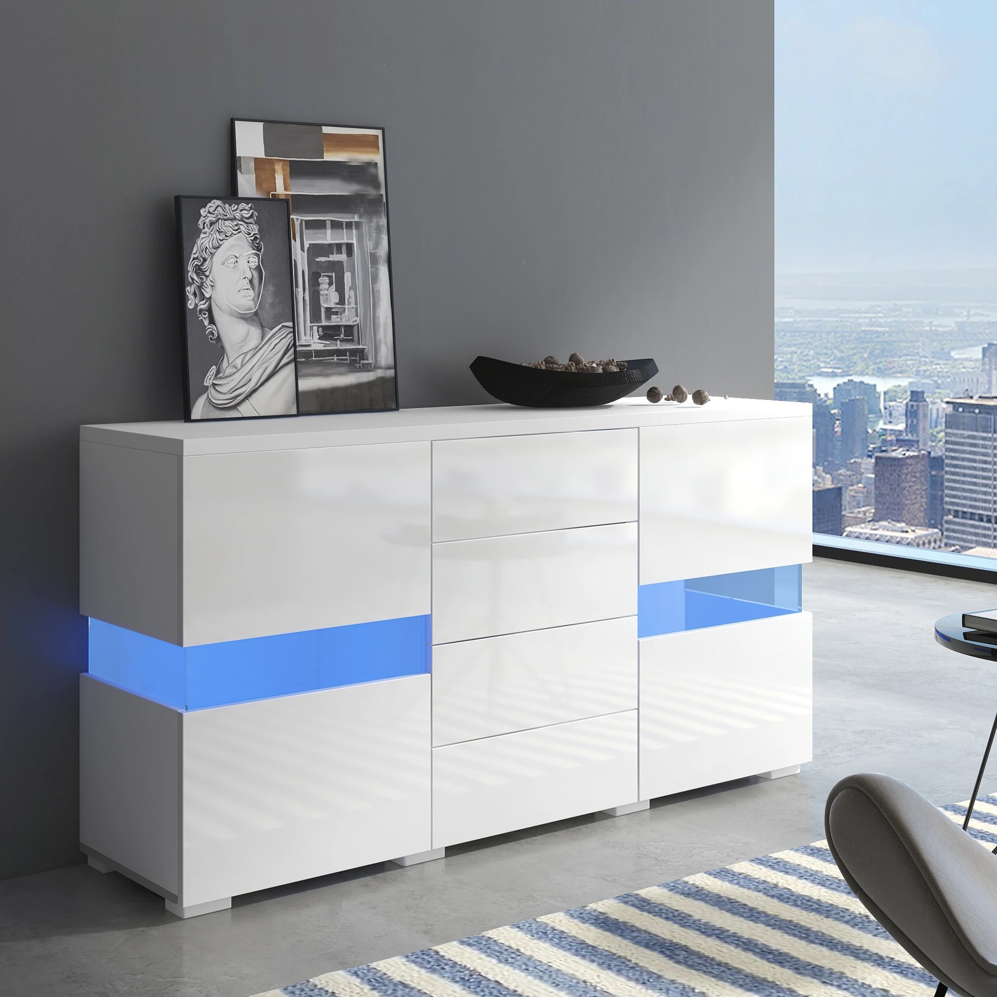 VSOGA High Gloss White Sideboard, 16 Colors LED Lights, Dining Room living room