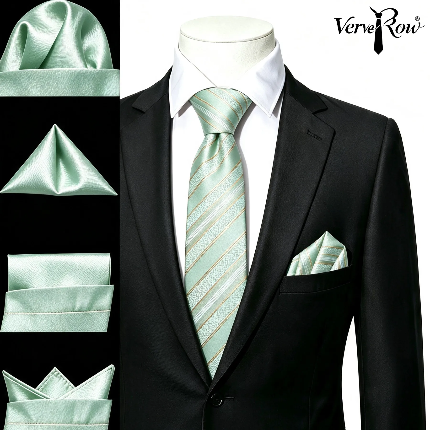 Kit de corbata o pañuelo de bolsillo con rayas verdes VerveRow, accesorio formal para hombre, para uso diario o fiestas, artesanía fina, cómodo y elegante, conjunto de 2 piezas