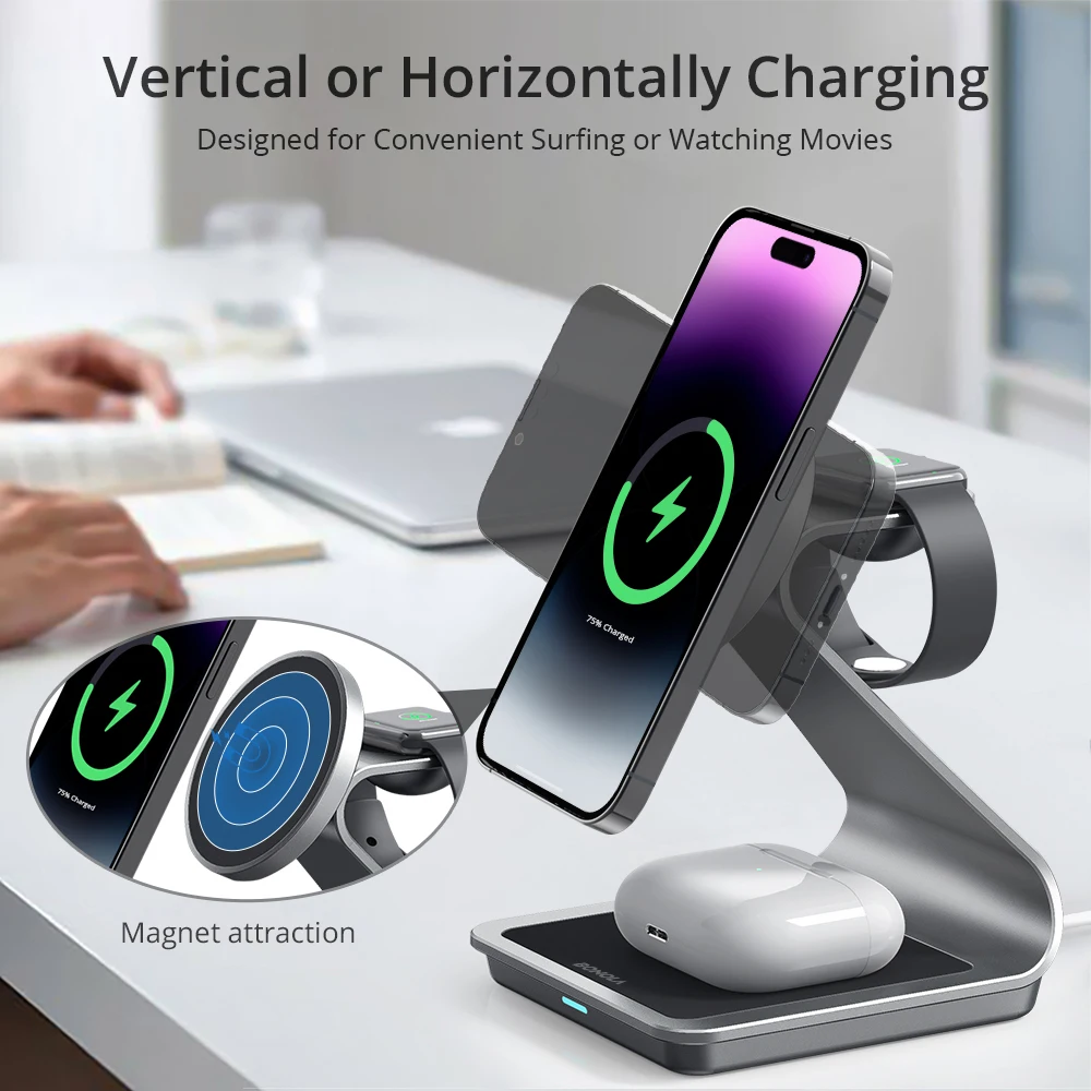 Bonola Metal 3 in 1 Magnetic Charger Stand for iPhone 16 15 Pro Max/14/13/Apple Watch 28W Fast Wireless Charging for AirPods Pro