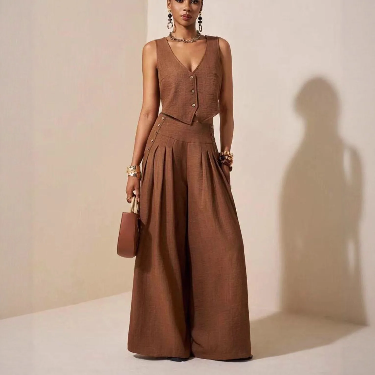 

Women's Suit Fashionable Casual Linen Vest Wide-leg Pants 2-piece Set Business Casual Strolling Daily Workplace 2-piece Outfit