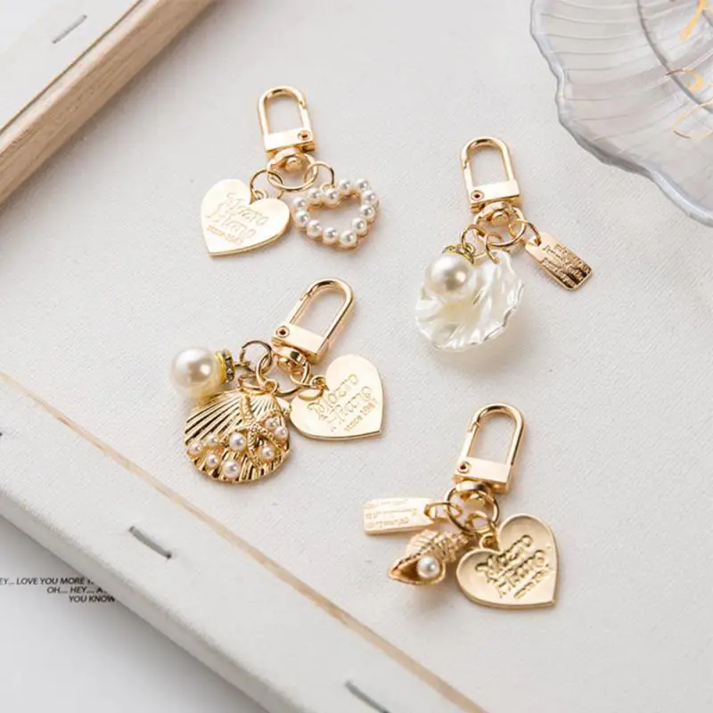 Creative Cute Shell Conch Pearl Keychain Women Charm Bag Trinket Metal Letter Heart Car Keyring for Earphone Accessories