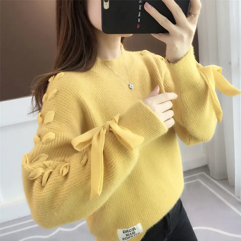 Autumn Winter Half High Collar Bow Lace Up Loose Casual Sweater Ladies Solid Color All-match Knitting Jumper Top Women Pullover