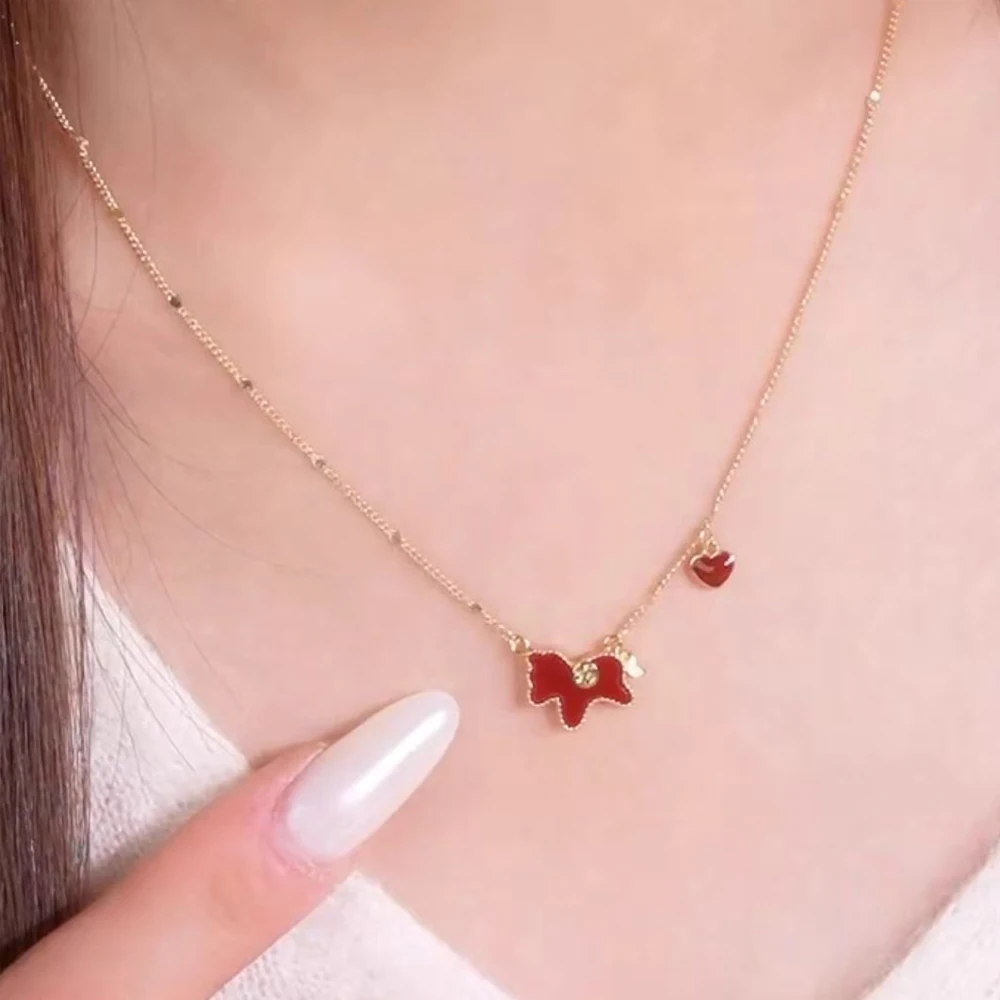 Red Cartoon Small Pony Necklace, Women's Collarbone Chain Accessory, Temperament Sweater Chain Necklace, New Year's Gift