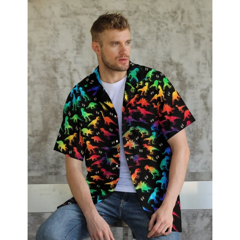 

3D Printed Dinosaur Geometry Aloha Shirt For Men Colorful Graphic Blouses Casual Short Sleeve Hawalian Shirts Loose Street Tops