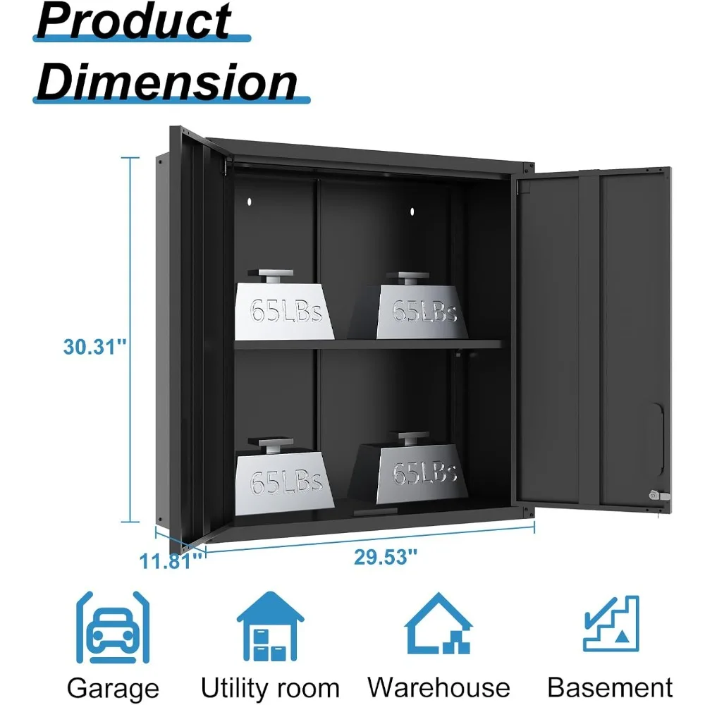 頑丈なロック付き壁掛けツールキャビネット、2ドア、調節可能な棚、黒仕上げ、ガレージ収納用