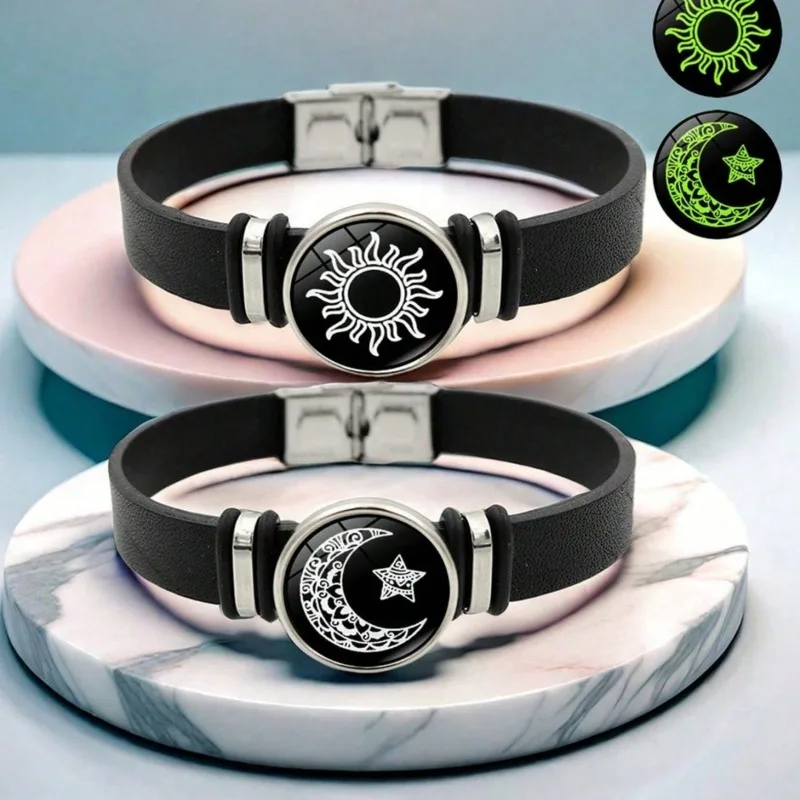 2-Piece Luminous Sun Moon Faux Leather Strap Bracelet Retro Minimalist Unisex