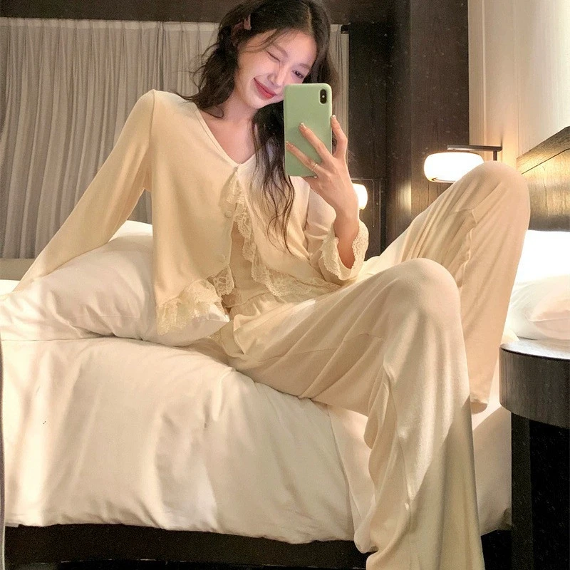 Retro Court Style Sleepwear Modal Pajamas Suit Female Elegant Ruffled Lace Sling Top Pant and Cardigan 3PCS Nightwear Loungewear