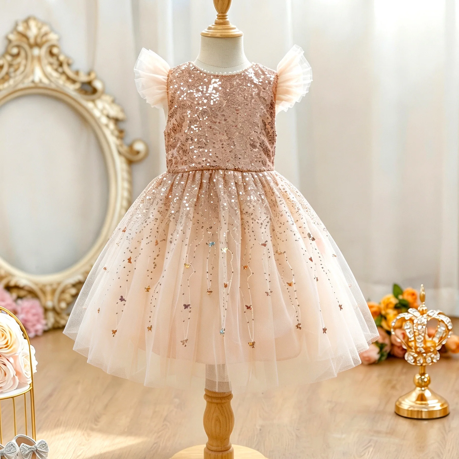 HETISO Summer Girls Sequined Party Dress Fluffy Tulle Wedding Princess Children's Birthday Gown Costumes