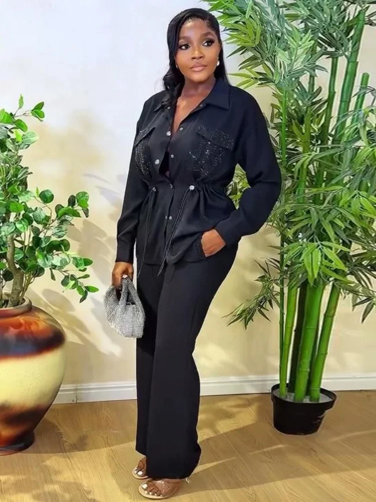 Wmstar Set da due pezzi da donna all'ingrosso elegante camicia a vita stretta cardigan a maniche lunghe pantaloni lunghi fantasia club abiti estivi