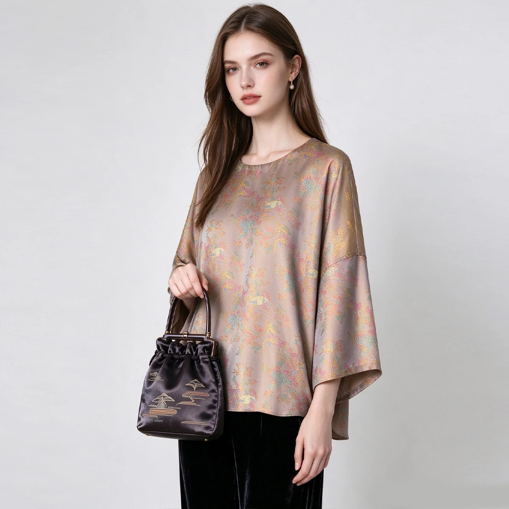 Women's Fashion Autumn New Retro 100% Natural Mulberry Silk Song Brocade Heterochromatic Luo Round Neck Long Sleeve T-shirt