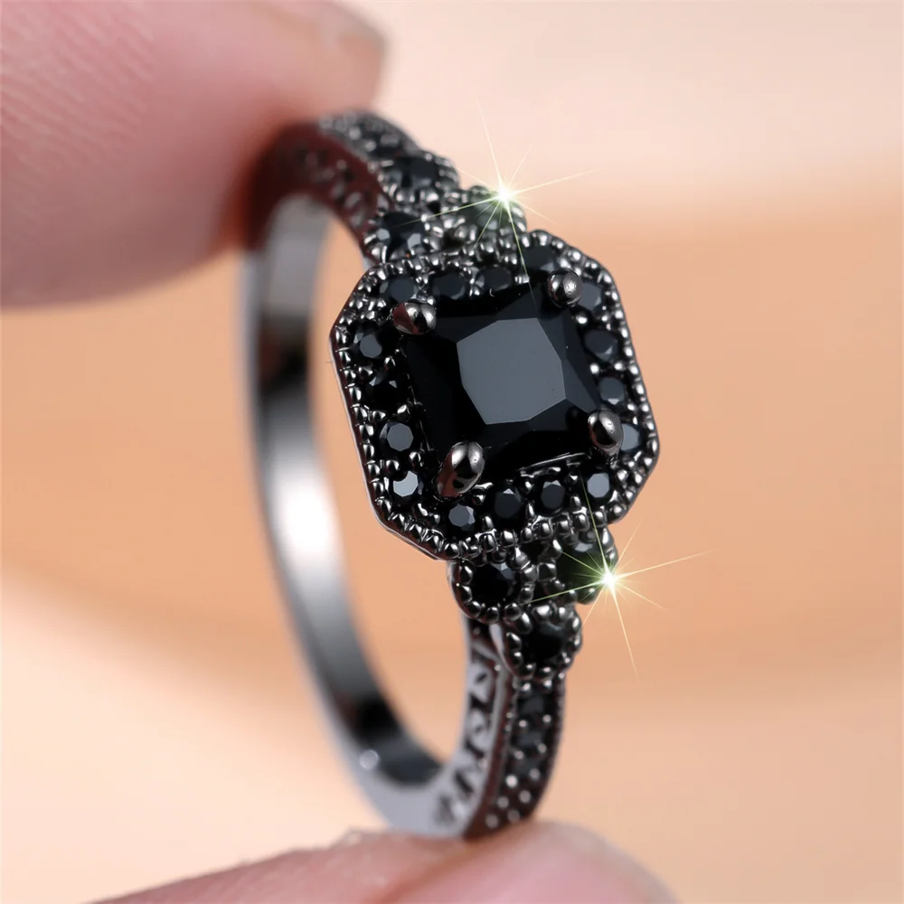 Antique Square Zircon Black Stone Rings For Women Vintage Trendy Black Metal Engagement Ring Wedding Jewelry Mother's Day Gifts