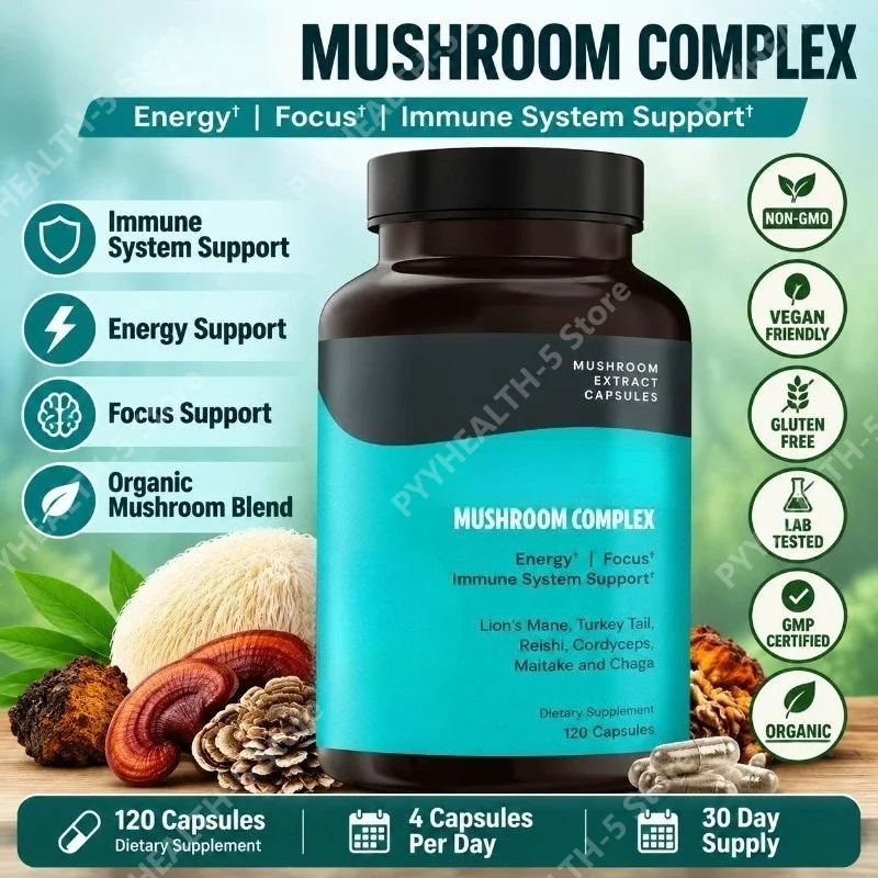 Mushroom Complex Capsules Daily Immune, Energy & Focus Support 12:1 Extract Ratio 32% Beta-Glucans 120 Capsules