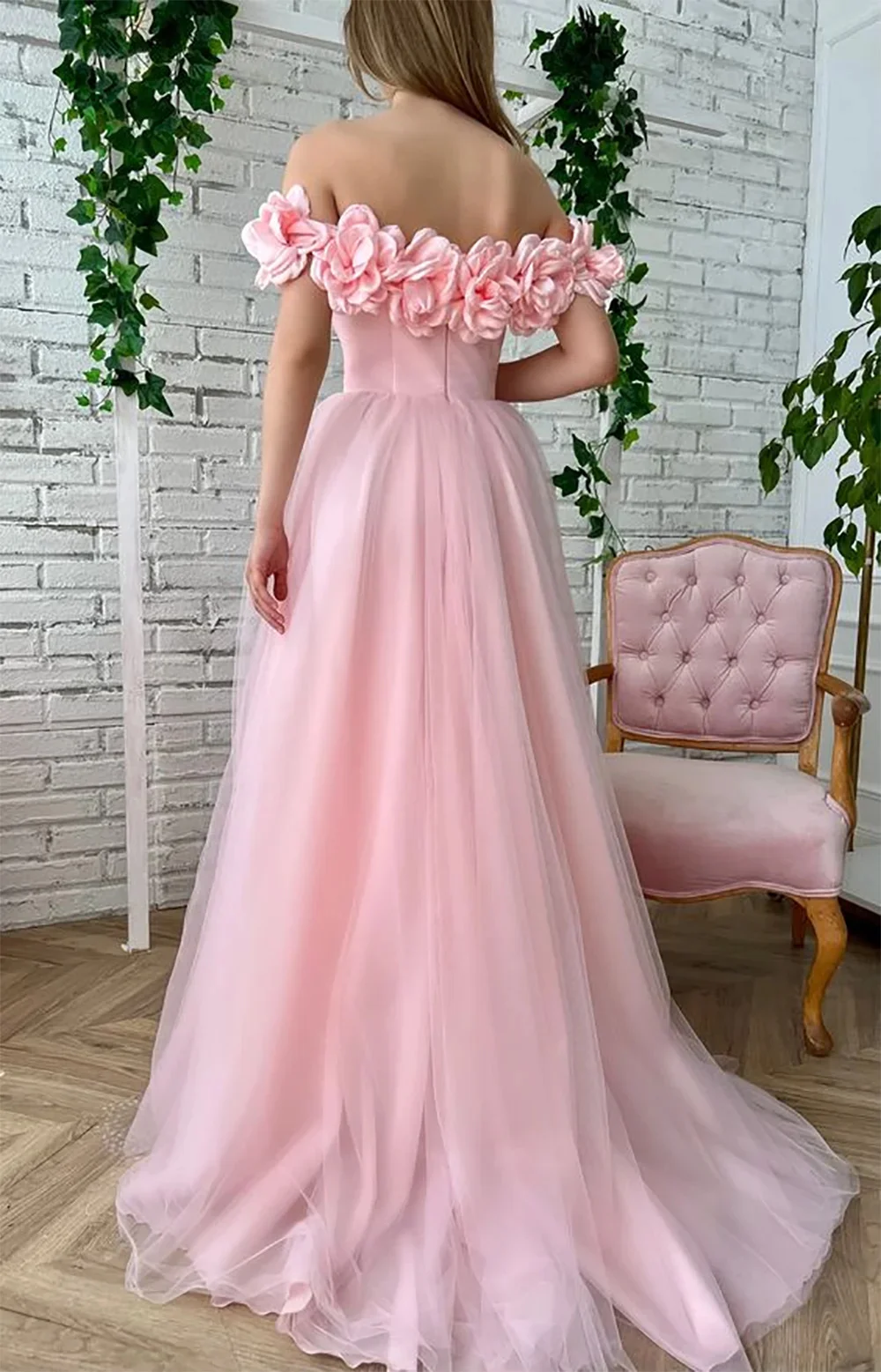 Tule flor rosa vestidos de formatura com flores artesanais plissados lado split até o chão vestido de noite elegante festa de formatura vestidos