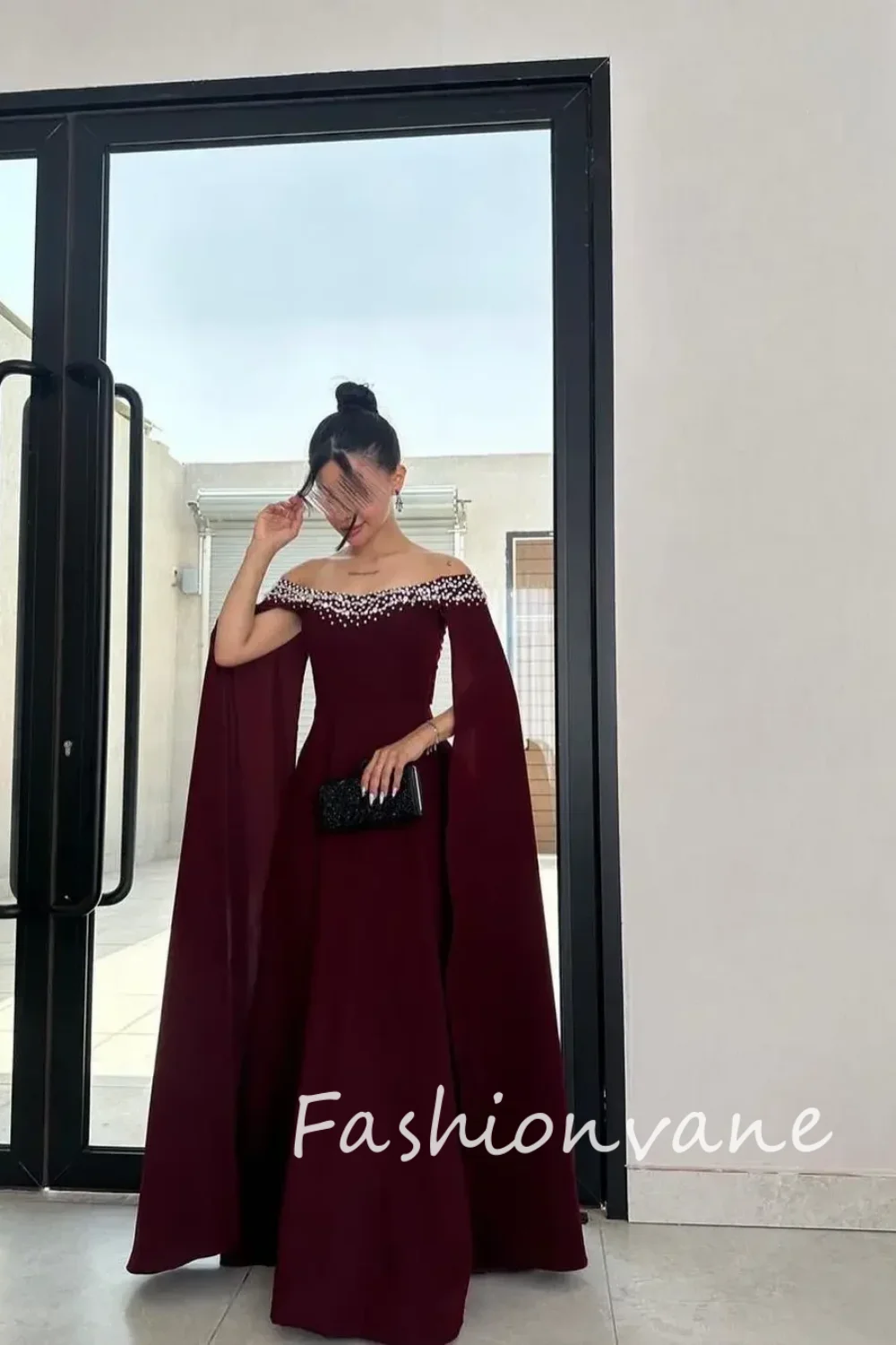 Fashionvane 2024 personalizado arábia saudita fora do ombro sem mangas vestidos de baile frisado formal vestido de noite casamento convidado