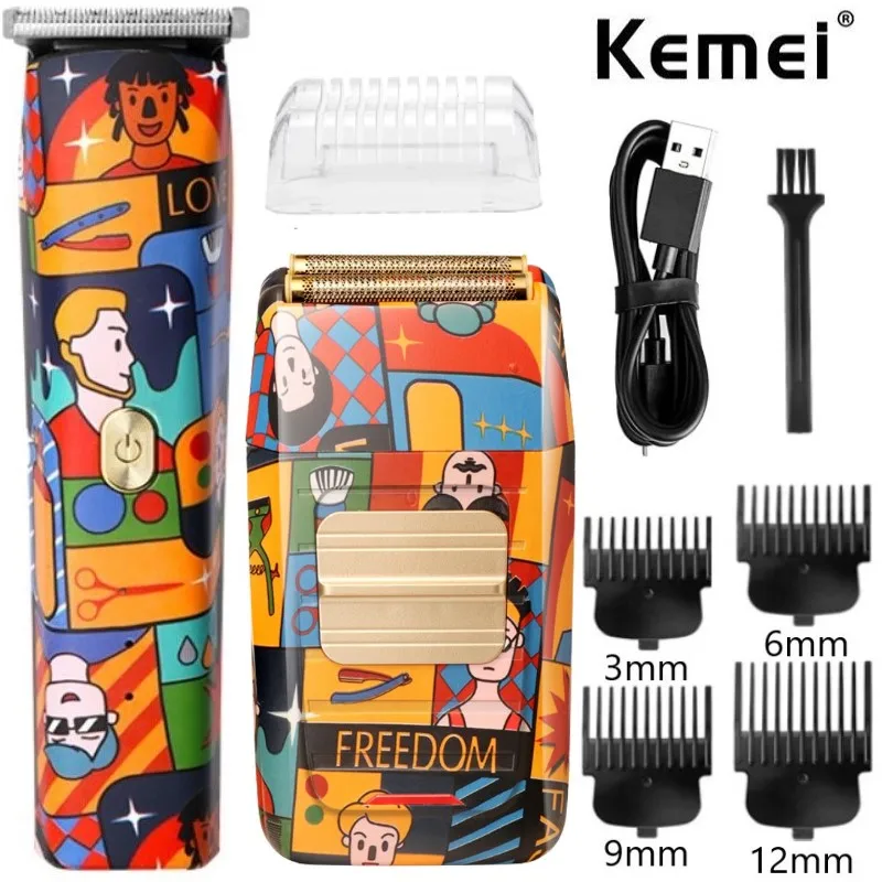 Kemei Fashion Graffiti Trimmer Men Zero Gapped Professional Hair Clipper Titanium Double Foil Shaver Random Graffiti Pattern