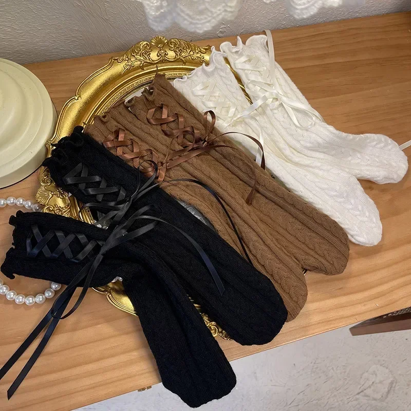 Warme Wollen Meisjessok Chique Zoete Koreaanse Kanten Stropdas Strik Ruche Kalfsok voor Kinderen Herfst Zachte Wollen Stapel Sok Kledingaccessoires