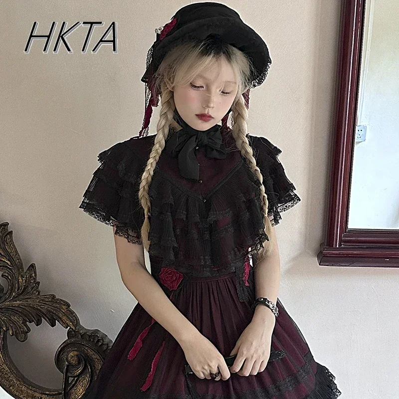 Gothic Y2k Dark Lace Pearl Button Lolita Black Shirt Women Loose Elegant Fashion Inside Blouses Loose Cloak Camisas Tops Shawl