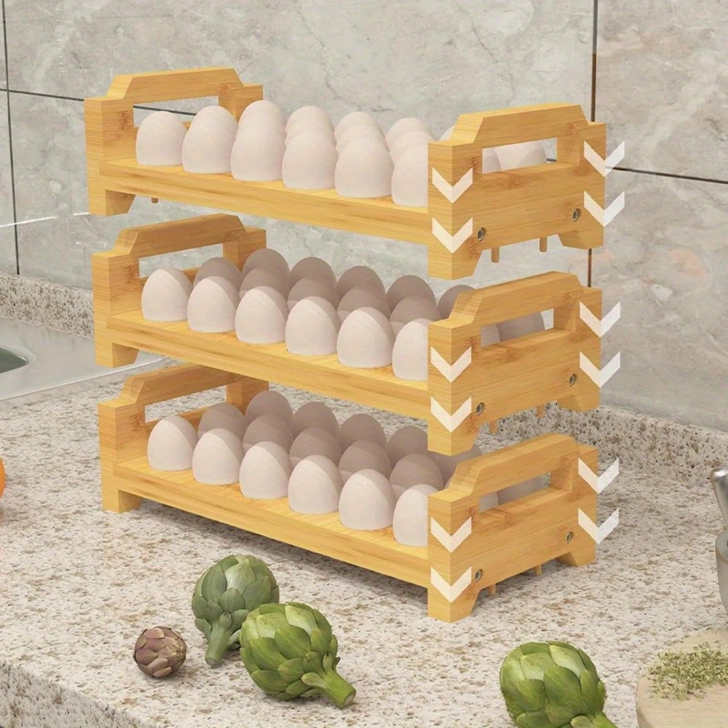 

"Eco-Friendly" 1Pc Modern Wooden Egg Holder - Stackable Organizer For Chicken & Duck Eggs, Multi-Compartment Refrigerator And C