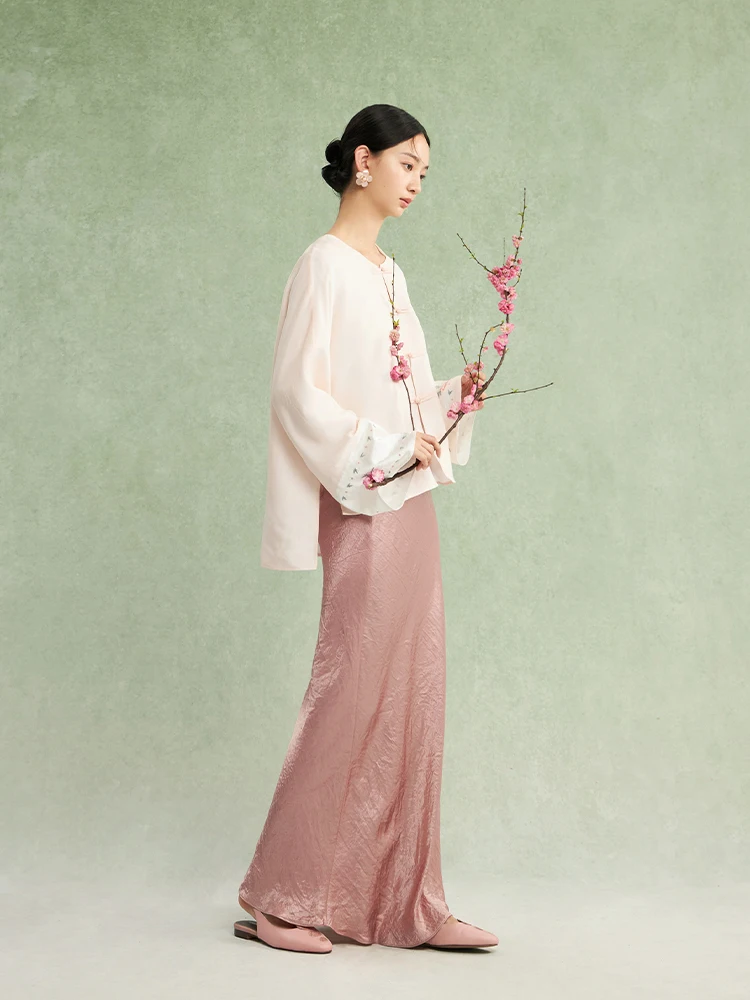 

Ele Pink Acetate Skirt Chinese Sle Split Glossy Spring New Faion Women's Faion Hanfu Skirt f-length Skirt