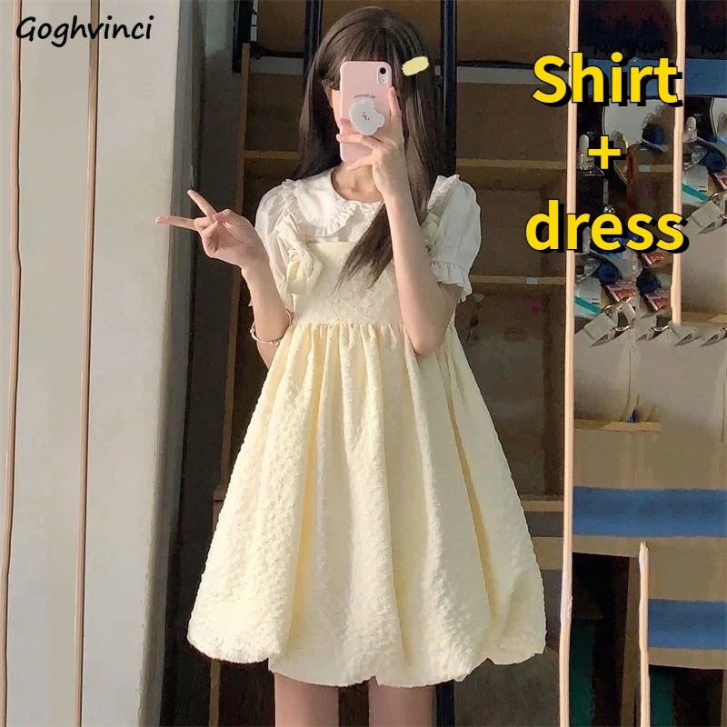 

Sets Women Summer Japan Style Sweet Suspenders Dresses Princess Peter Pan Collar Tender Shirts Schoolgirls Aesthetic Two Pieces