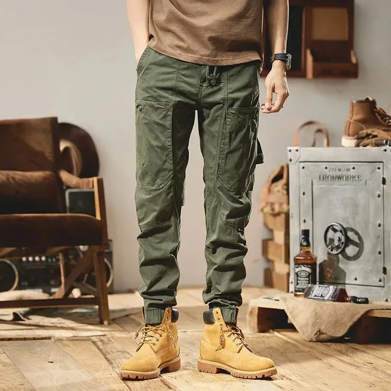 

Men Casual Trousers Men Elastic Waist Khaki Multi-Pocket Youth Loose Fit Cargo Pants Trendy Brand New Fashion American Style