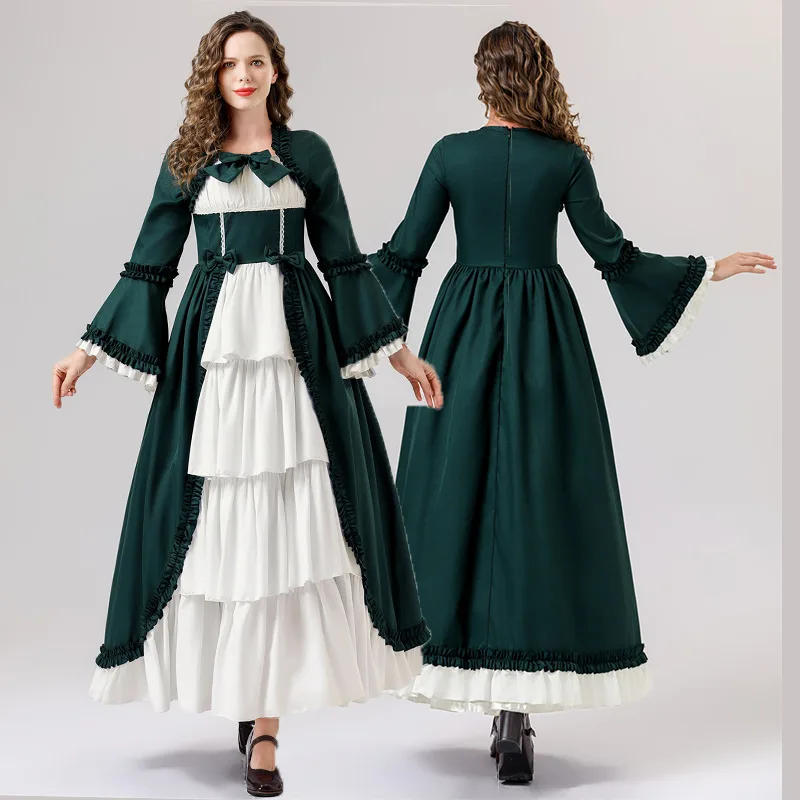 Loween gothique Court Dr médiéval rétro taille col cintré noeud carré épissure Dr Costume ethnique pour femme