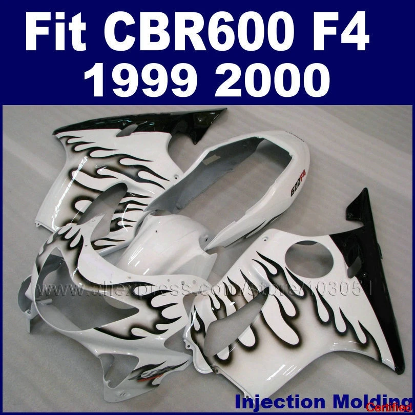 

Injection Motorcycle Fairing Kits For HONDA Hulls CBR600 F4 1999 2000 CBR600F 99 00 White With Black Flames Fairngs