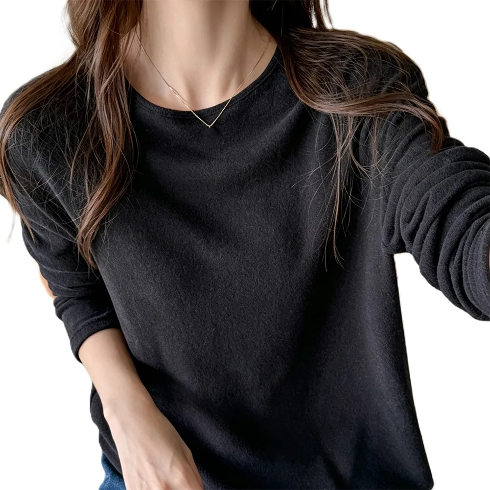 Womens Loose for Fit Long Sleeve T Shirt Solid Color Round Neck Polyester For Top for Casual Everyday Wear Vacation and Home Use