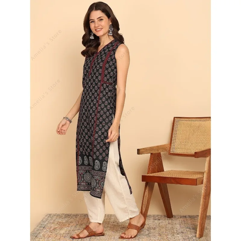 فستان كورتا نسائي من القطن باللون الأسود والأخضر على الطراز الهندي العرقي بدون أكمام مطبوع عليه بيزلي ملابس صيفية غير رسمية فستان كورتي