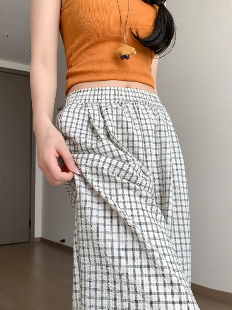 

Lightweight Bubble Cotton Plaid Casual Pants Women Summer New Drawstring Straight Leg Textured Loose Wide Leg Pants
