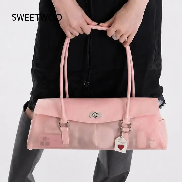 Pink Frosted PVC Casual Handbag Women Translucent Heart Pendant Turn Lock Long Handle Y2K Sweet Party Shoulder Bag