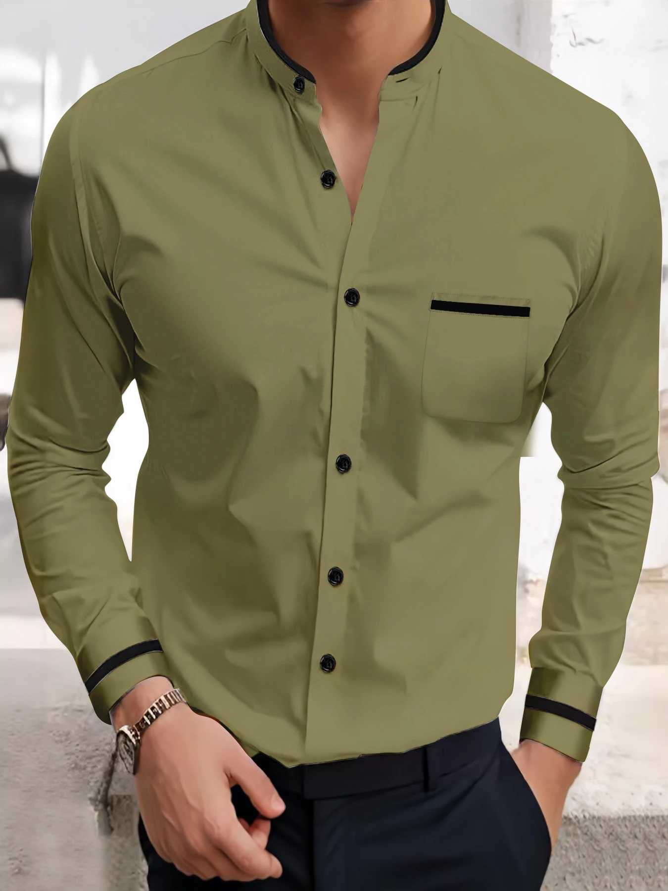 Men's casual shirt new comfortable cotton and linen single-breasted stand-up collar fashion pocket street loose long-sleeved top - Image 3