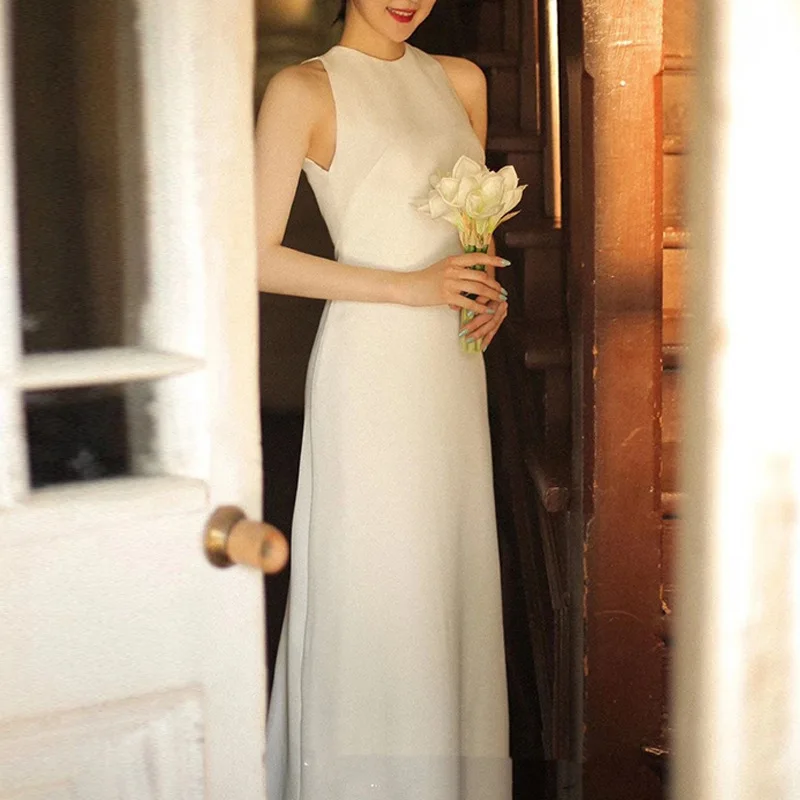 Women's light wedding dresses fall new temperament thin white simple welcome satin evening dresses