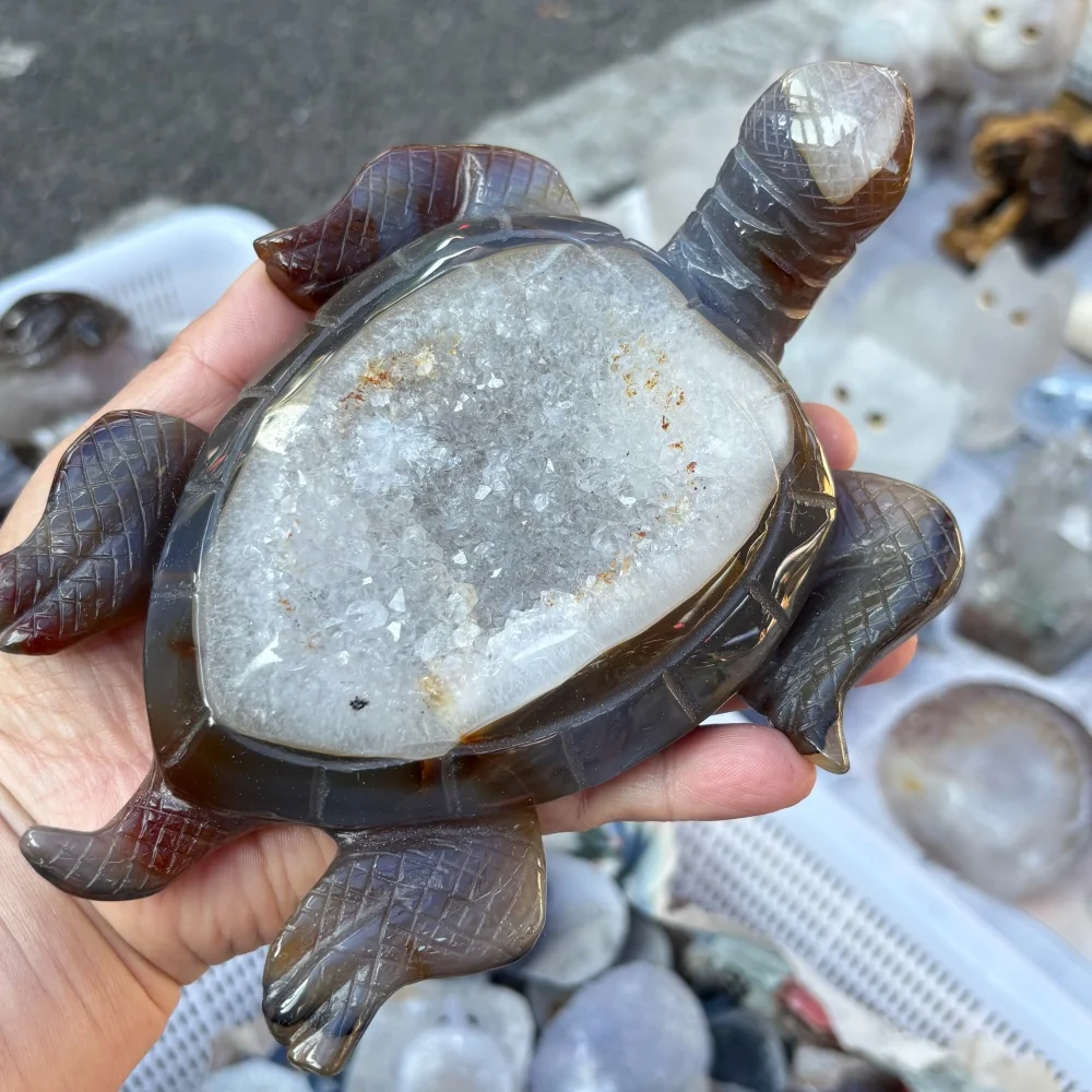 Natural Agate Geode Hand Carved Sea Turtle Figurine Quartz Crystal Tortoise Statue Reiki Healing Home Feng Shui Decor Gift