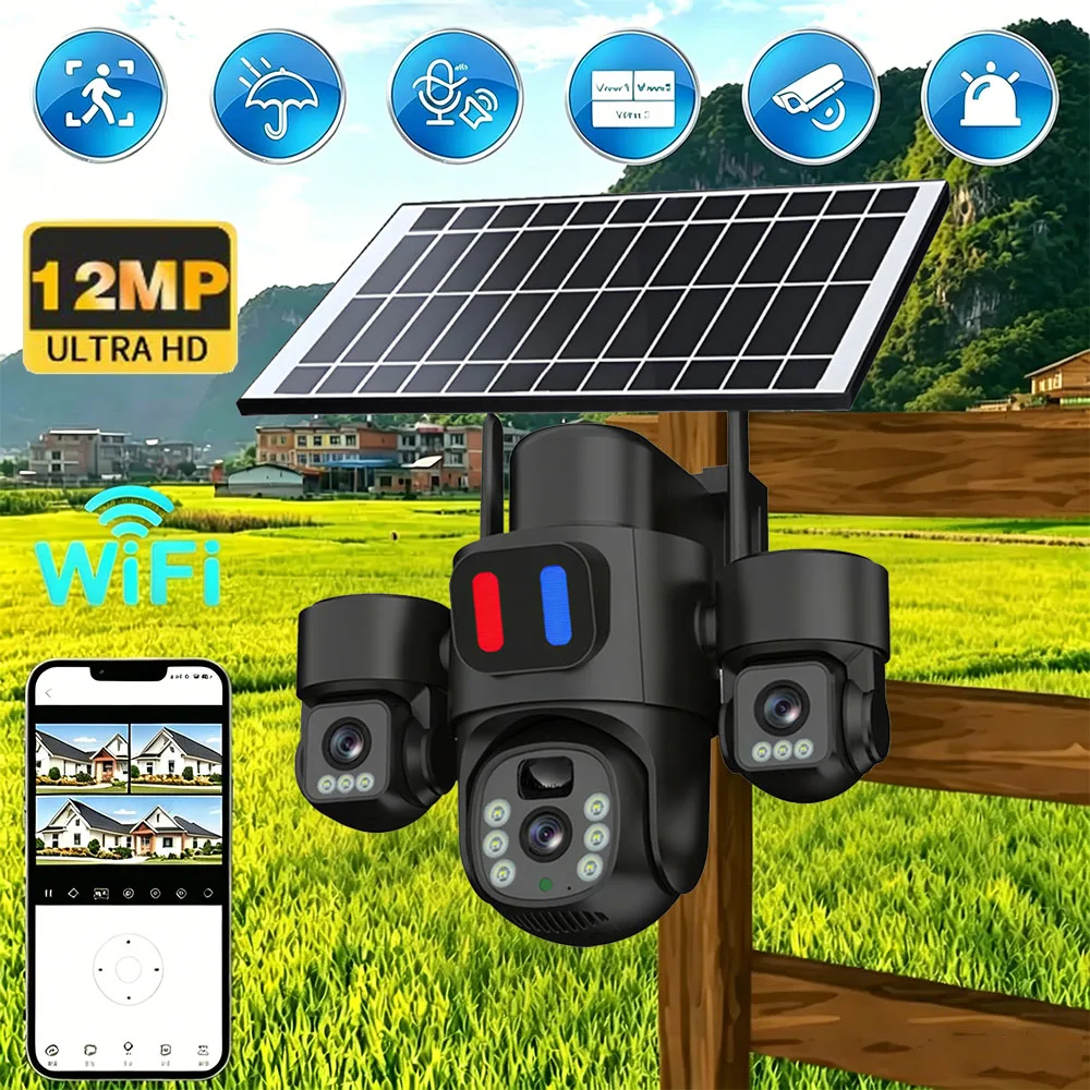 Solar WiFi PTZ Camera Outdoor Triple Lens Three Screen PIR Motion Detection Alert Wireless Home CCTV Surveillance Security Cam