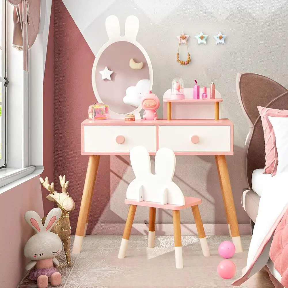 Kids Vanity Set, Girls Vanity Set with Mirror & Stool, 2 Large Ders, Storage Shel, Wooden PrincMakeup Dring Table, Kids Vanity T