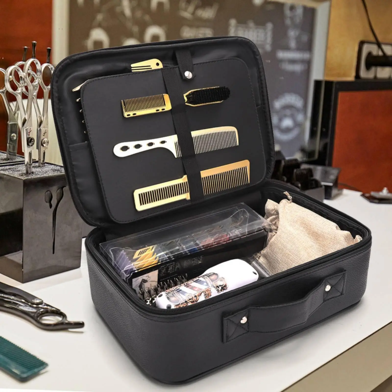 Durable Salon Tool Organizer Bag Black PU Leather Hairdresser Case with Pockets for Barber Scissors Comb Clipper Storage
