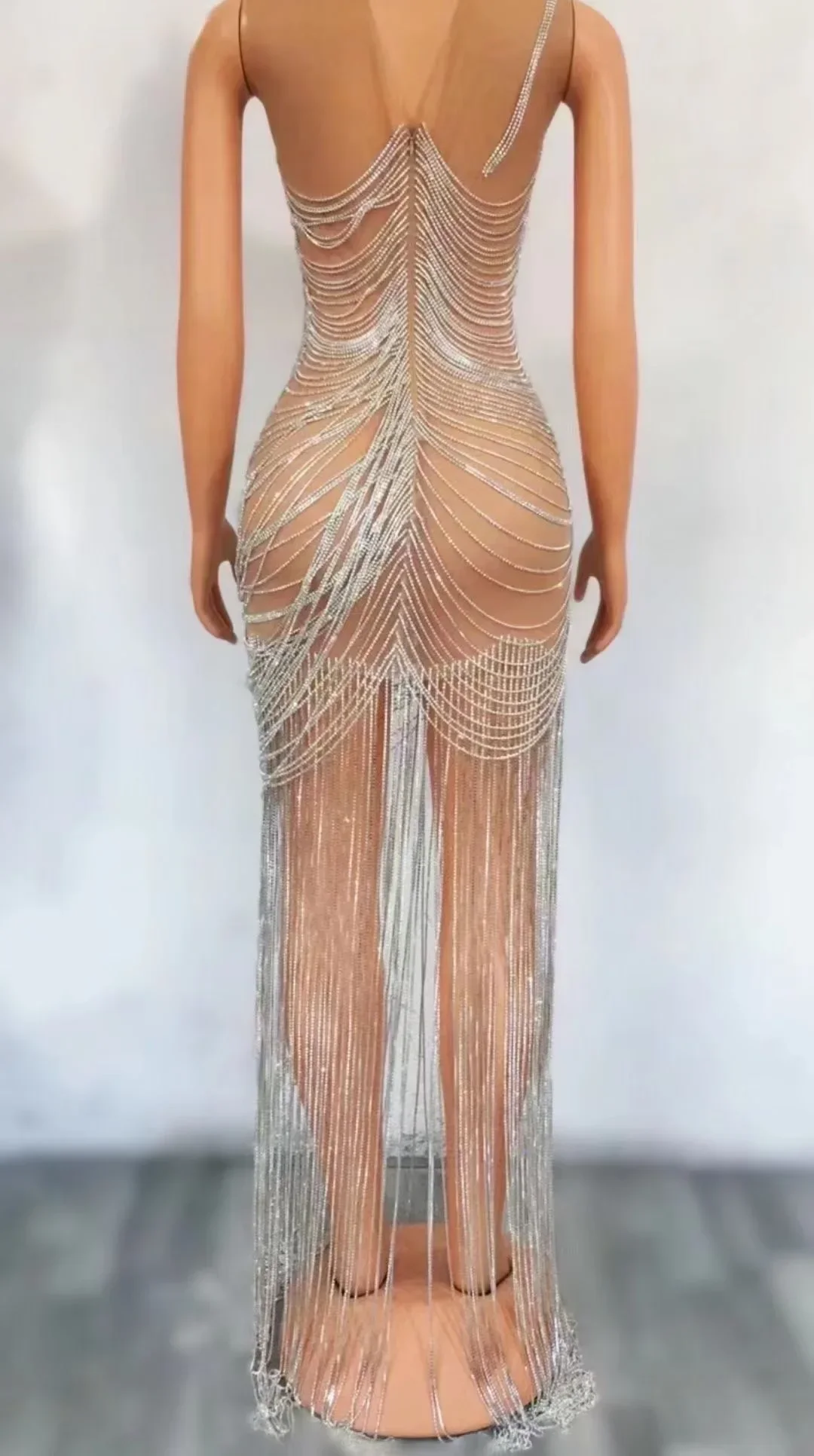 Nude Sleeveless Shining Rhinestones Chains Tassel Sexy Dress For Women Evening Party Clothing Singer Stage Costumes Prom Wears