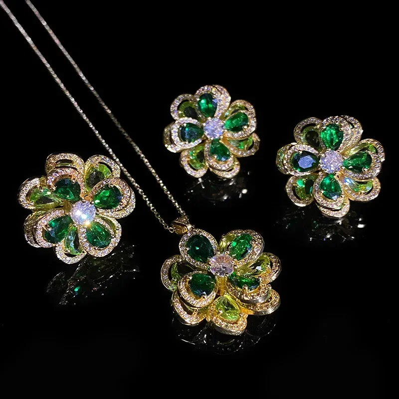 

MDL Moissanite styl oversized tourmaline flower set female camellia pendant green spinel ring colored gemstone bracelet earrings