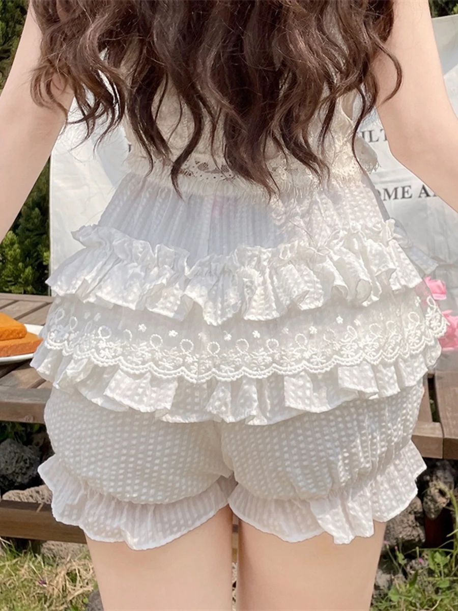 

Women Lace Trim Maid Ruffle Pumpkin Shorts Lolita Y2k Lace Spliced Bow Layered Frilly Shorts Lounge Homewear Short Pants