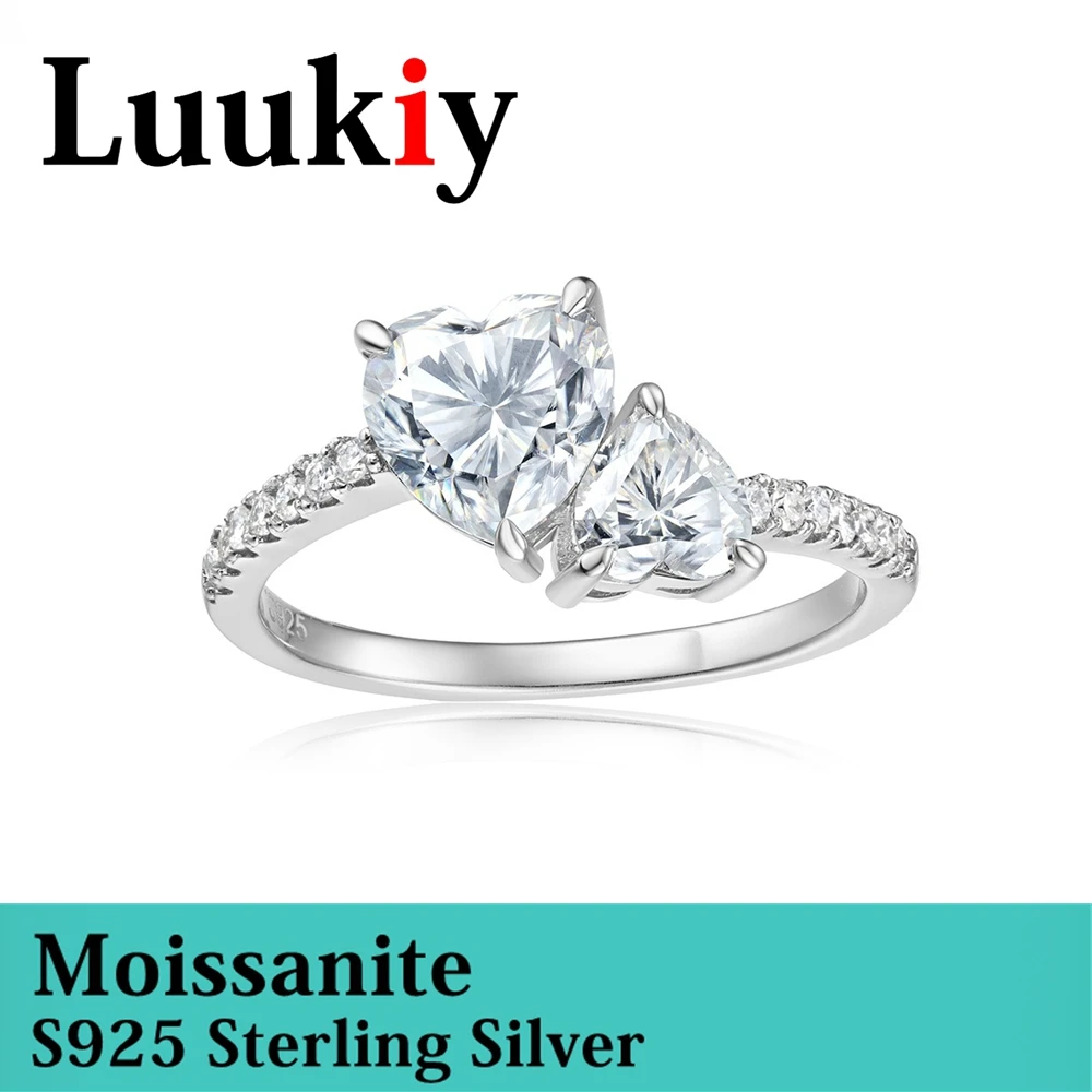 S925 Pure Silver Inlaid Moissanite Double Heart Double Stone Ring, Light Luxury, Niche, Exquisite Wedding Banquet