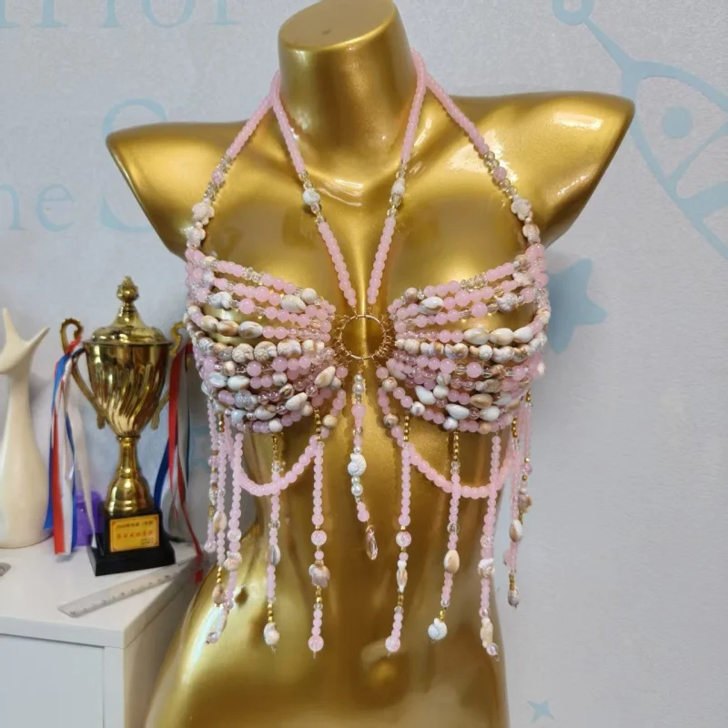 Handgefertigtes Damen-Muschelperlen-Neckholder-Top mit Quastenfransen, Körperkette für Strand, Festival, Boho-Stil, Neckholder-Kristall-Bikini-Oberteil – Detail 7