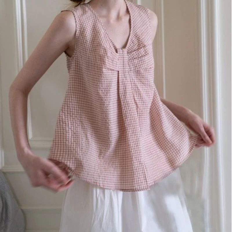 

Bow Plaid Sleeveless Loose Vest Women's 2026 Summer Sweet Casual Top