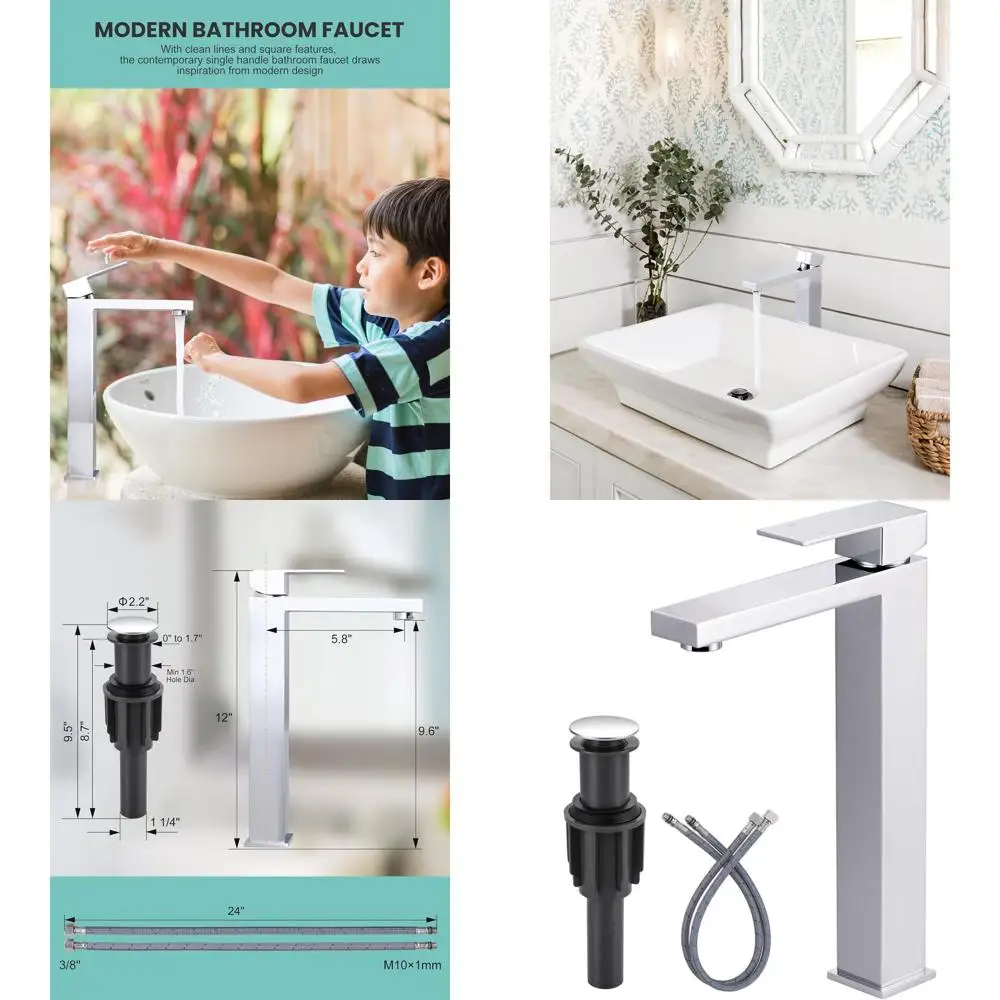 

Chrome Single Handle Tall Bathroom Faucet with Pop-Up Drain and Supply Lines