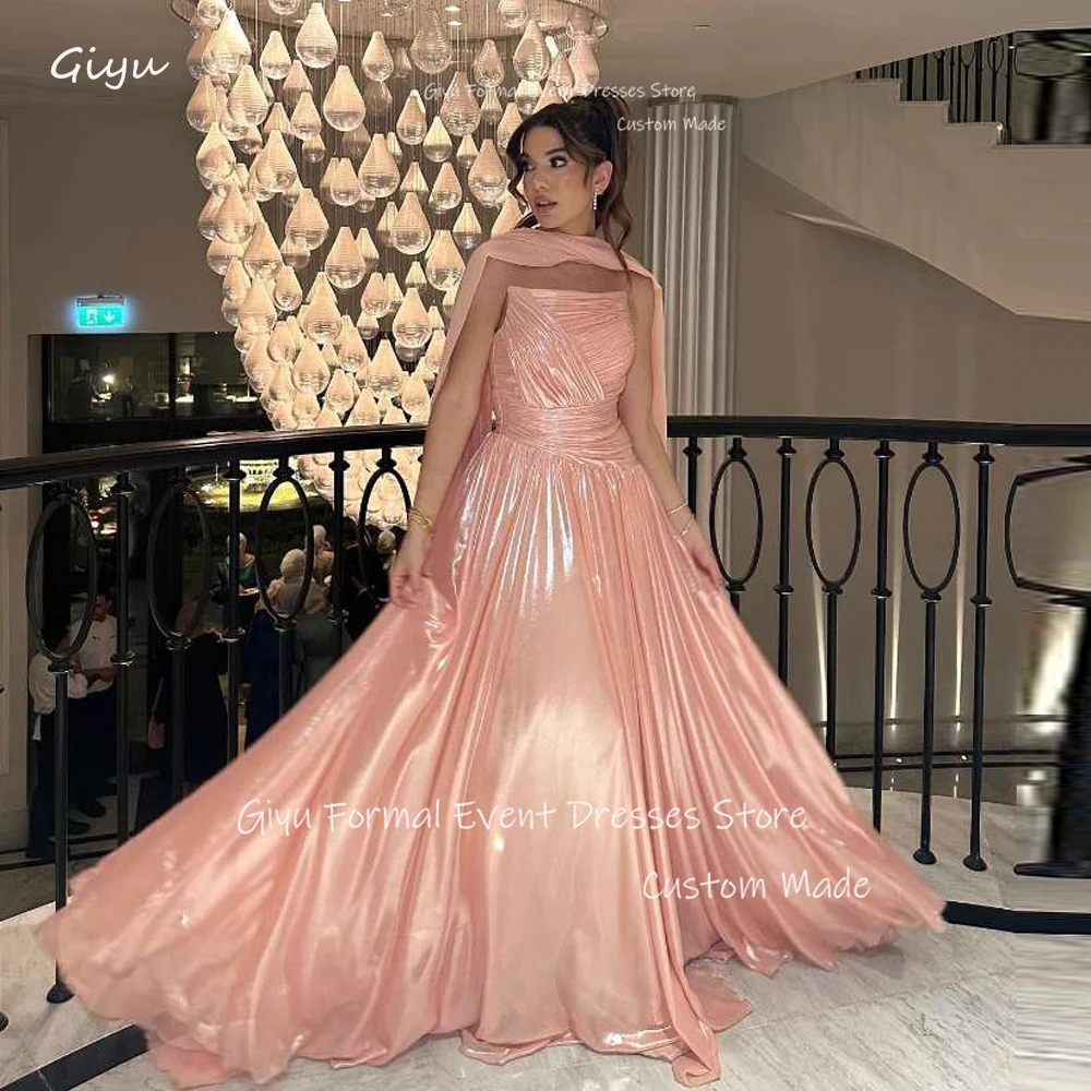 

Giyu Glitter Blush Pink Evening Dresses With Scalf Pleats Shiny Dubai Arabic Women Prom Gowns Formal Party Occasion Dress