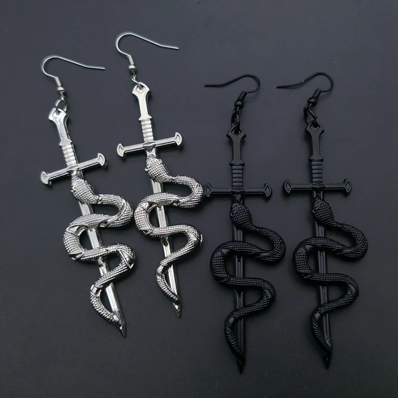 Snake with Sword Dangle  Earrings Glamour Serpent Goth Sword Earrings Gift Gothic Hoops Witchy Goddess  Dark Statement