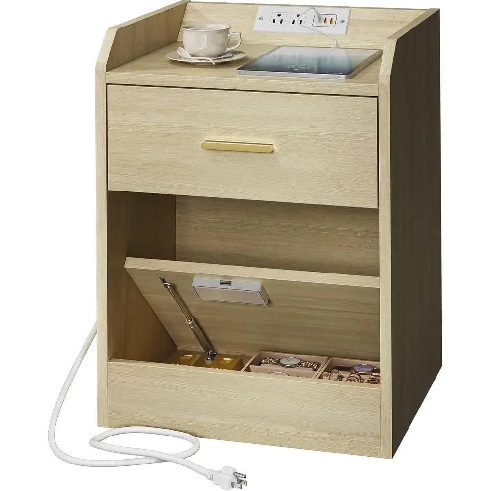 

Nightstand with Hidden Drawer & Charging Station, Modern Bedside Table with Storage Drawer and Hidden Compartment, Customized