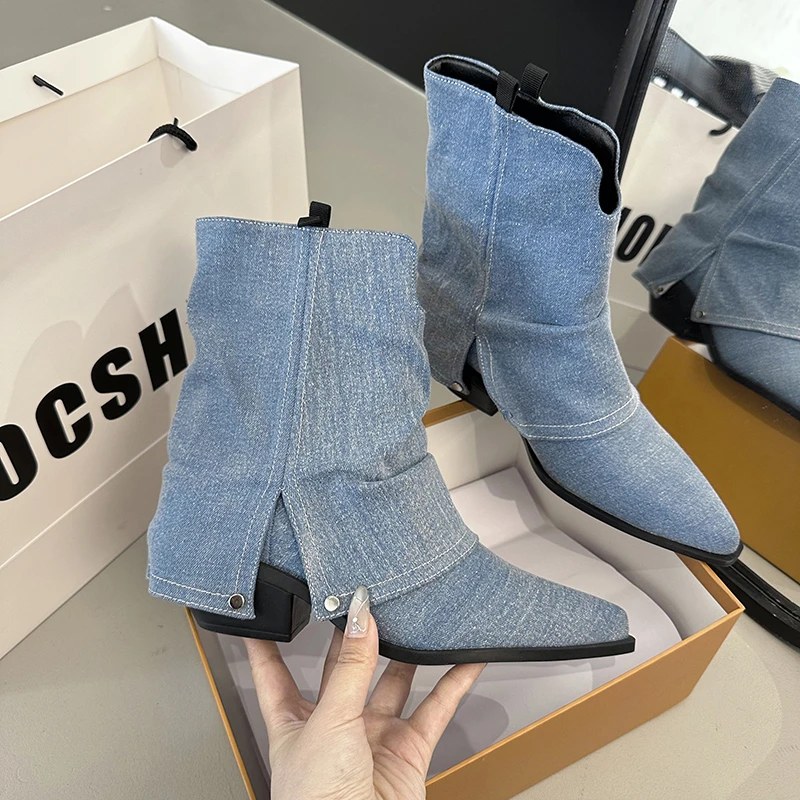 

Fashion Women Chelsea Boots Cowboy Knee High Shoes 2025 New Spring Autumn Mid Heels Boots Casual Chunky Luxury Comfortable Shoes