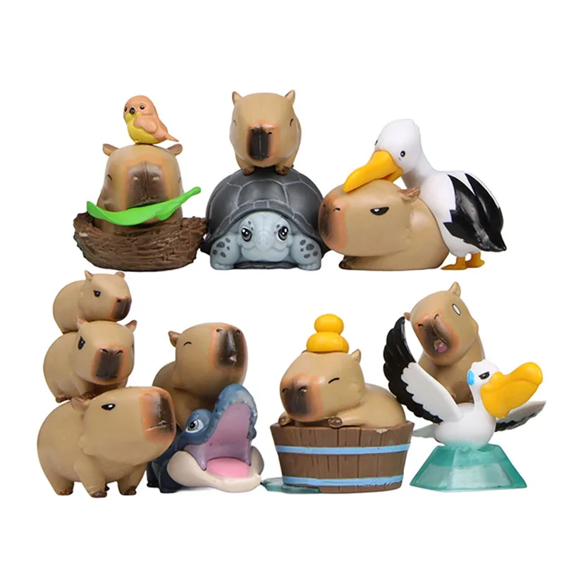 7pcs Mini Capybara Figurines Bird Duck Turtle Ornament Dollhouse Decor Miniature Animal Fairy Garden Decoration Collection Gift