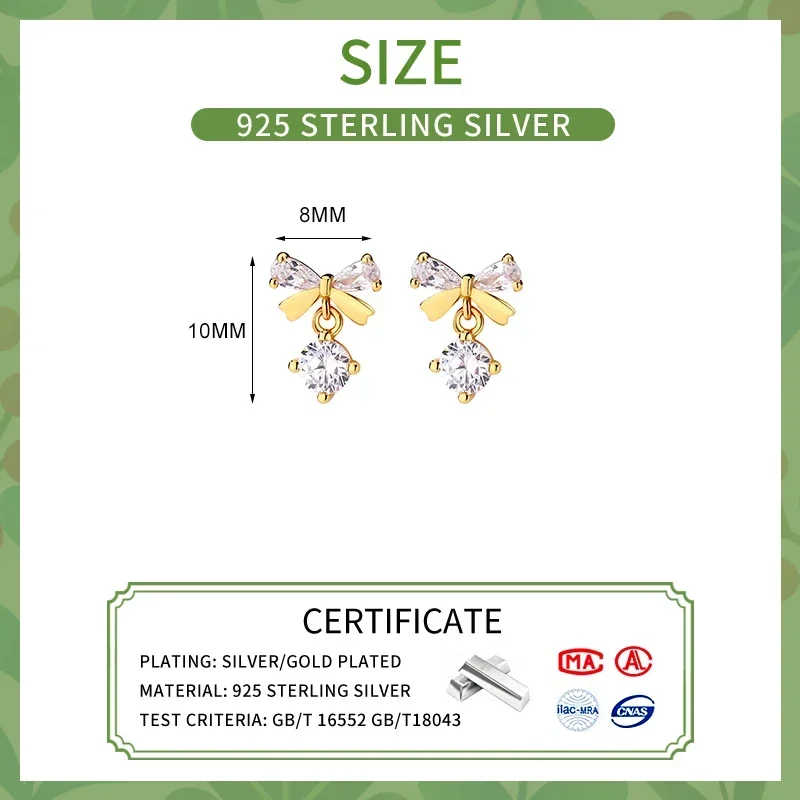 INZATT Real 925 فضة صغيرة Bowknot الزركون وأقراط للنساء الحد الأدنى هندسية غرامة مجوهرات اكسسوارات